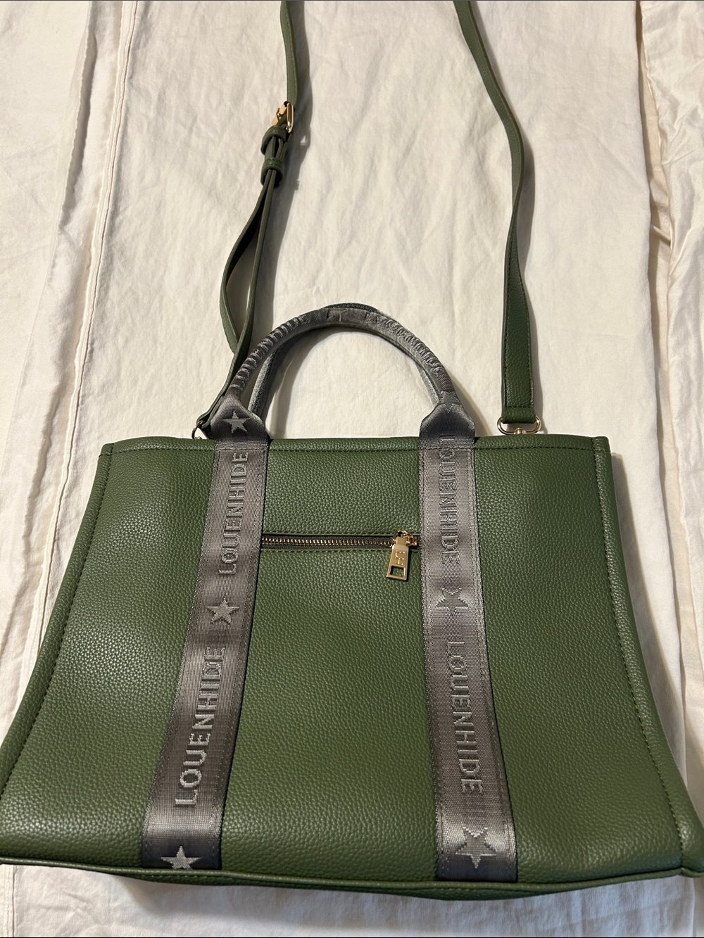 LOUENHIDE Olive Green Pebbled Tote with Contrast Handles